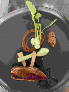 dry-aged duck with a swirl of tapenade and aioli plus tiny Tokyo turnips and their greens on a dark grey plate at Ram's Gate Winery's Equinox Experience