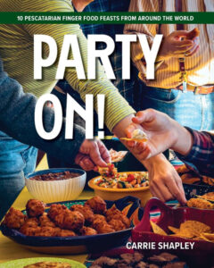 Party On cookbook cover by Carrie Shapley shows lots of hands reaching over a table towards lots of bowls of food