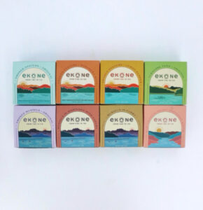 the ekone suite includes smoked mussels, oysters, salmon and tuna in cute, colorful boxes
